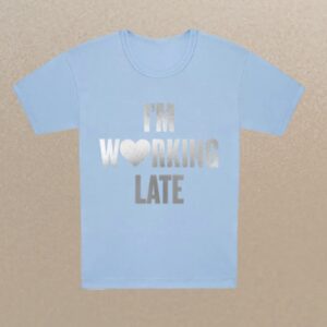 Sabrina Carpenter working late silver foil graphic shirt