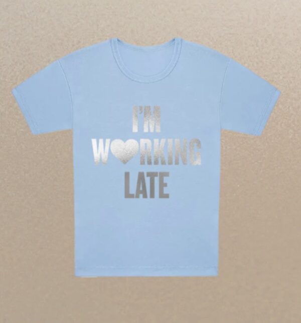 Sabrina Carpenter working late silver foil graphic shirt
