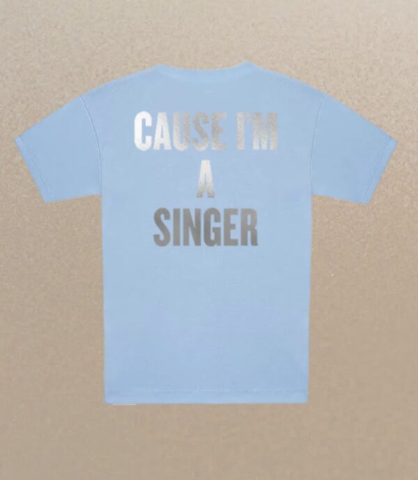 Sabrina Carpenter working late silver foil graphic shirt